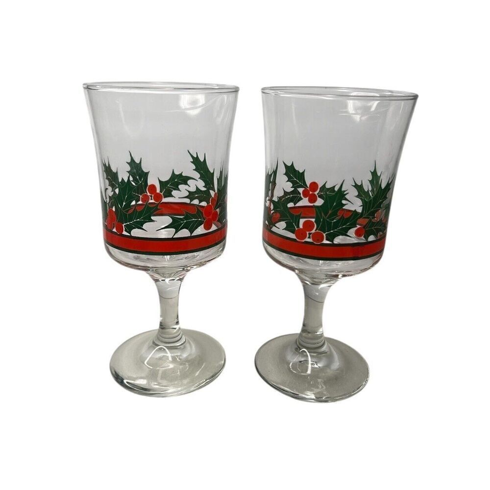 Libbey Glass Holly & Berries Flared Water Goblets Retro Barware Christmas (2)
